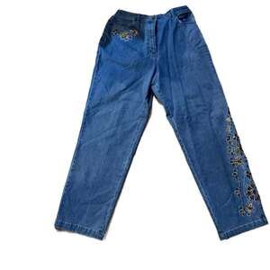 Quacker Factory Blue Denim Bootcut Jeans with Floral Rhinestone Embellishments